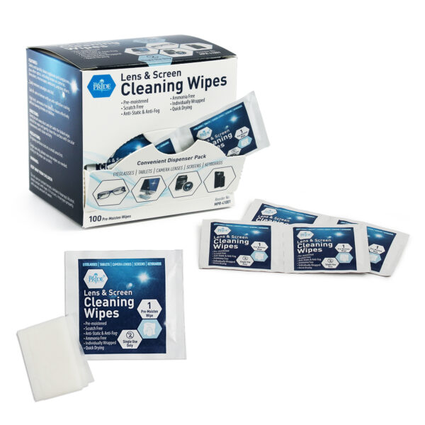 Disposable screen cleaning wipes in individual packets with a box.