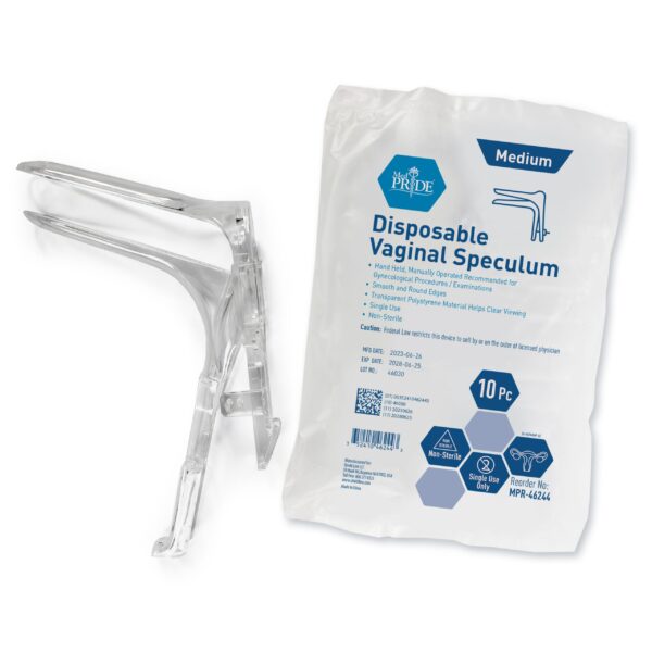 Disposable vaginal speculum with packaging for medical use.