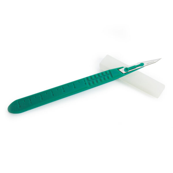Disposable scalpel with a green handle and white blade cover.