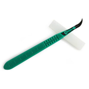 Green precision tweezers with a curved black tip on a white background.