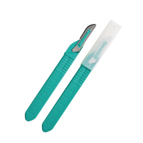 Two teal-colored plastic disposable scalpels, one with a protective cover.
