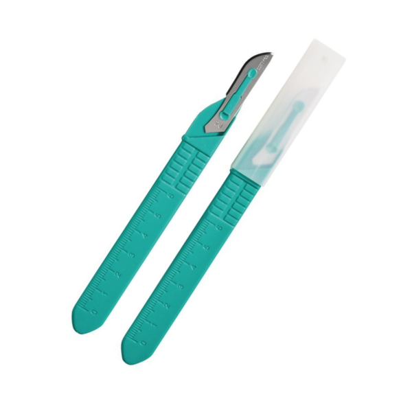 Two teal disposable scalpels, one with a protective cover.