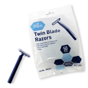 Twin blade razors and their packaging with 50 pieces.