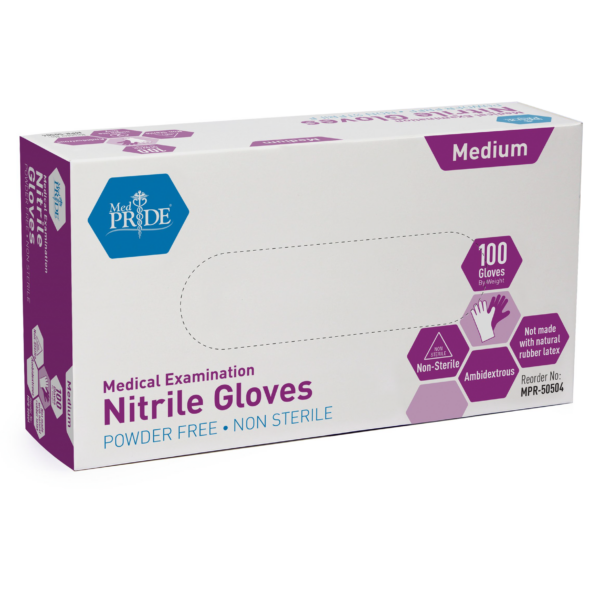 Box of medium nitrile gloves, powder-free and non-sterile.