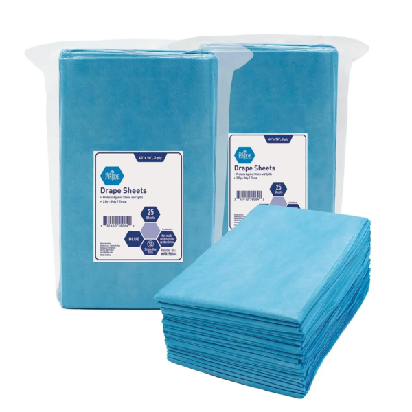 Blue disposable cleaning cloths in packaged and loose forms.