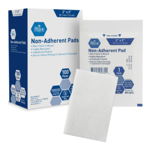 Box and individual non-adherent wound pads for medical use.