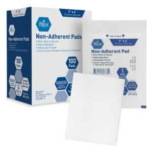 Box of non-adherent wound pads with individual packaging.