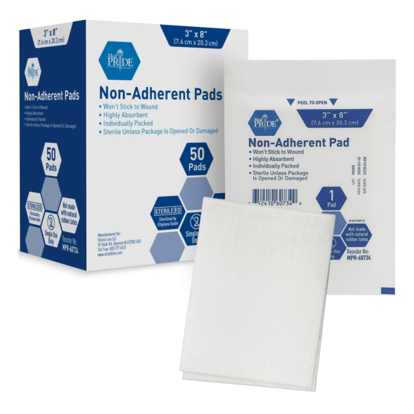 Box and packets of non-adherent wound pads for medical use.