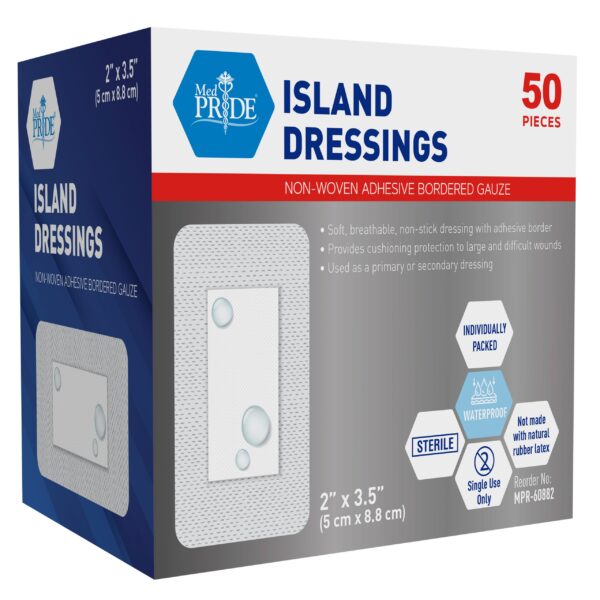 Box of The Pride Island Dressings with 50 transparent adhesive bandages.