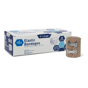 Box of elastic bandages with one bandage roll beside it.