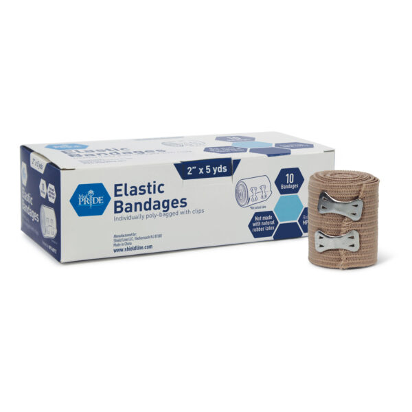 Box of elastic bandages with one bandage roll beside it.