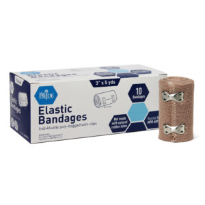Box of elastic bandages with one bandage roll beside it.