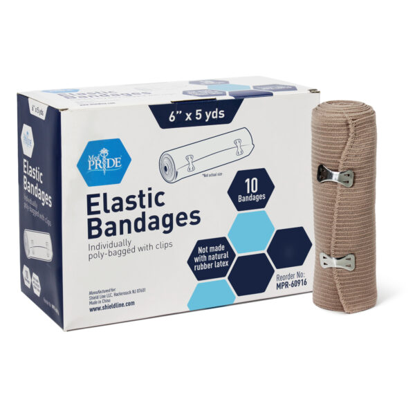 Box of elastic bandages with one wrapped bandage beside it.