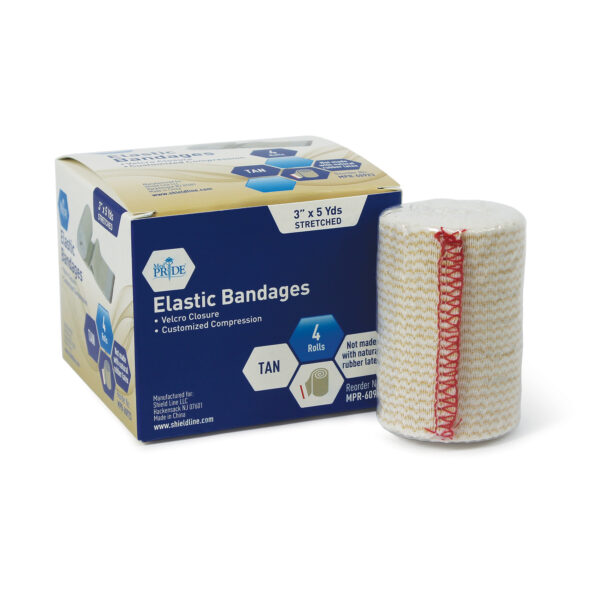 Box of elastic bandages with one rolled bandage.