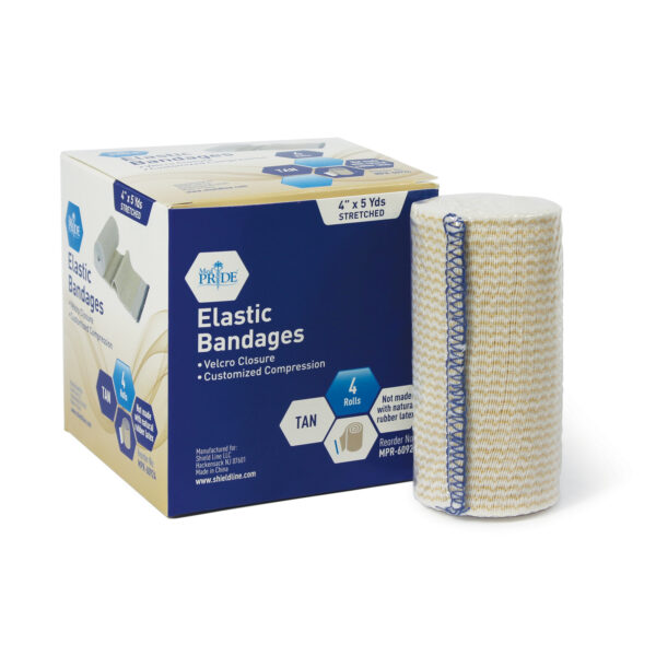 Box of elastic bandages with one rolled bandage beside it.