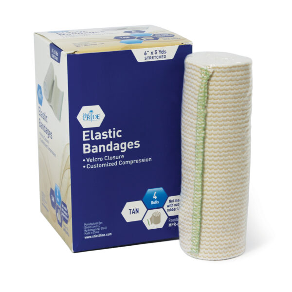 Box of elastic bandages with one bandage roll beside it.
