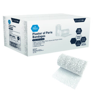 Box of Plaster of Paris bandages with a rolled bandage.