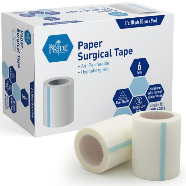 Box of medical paper surgical tape with two rolls beside it.