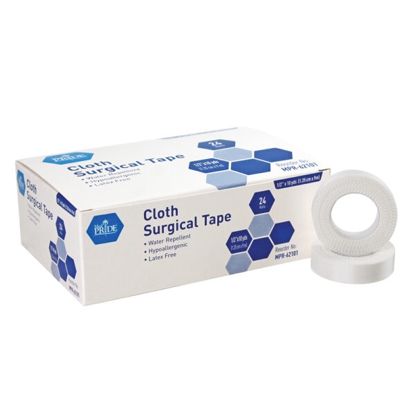 Rolls of white cloth surgical tape with packaging box.