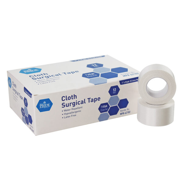 Box of cloth surgical tape rolls for medical use.