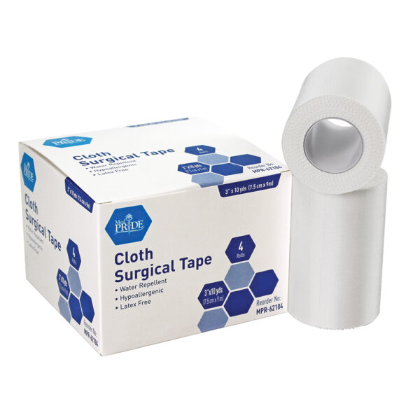 Cloth surgical tape with dispenser and box packaging.