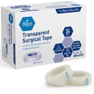 Box of transparent surgical tape with two rolls visible.