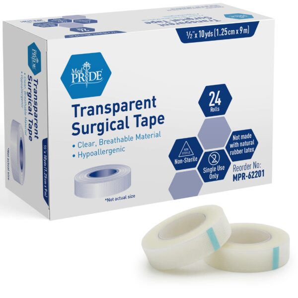 Box of transparent surgical tape with two rolls visible.