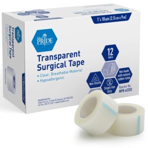 Box of transparent surgical tape rolls by Rite Aid.