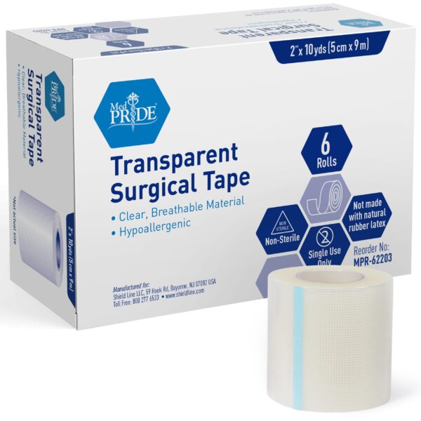 Box of transparent surgical tape with a roll beside it.