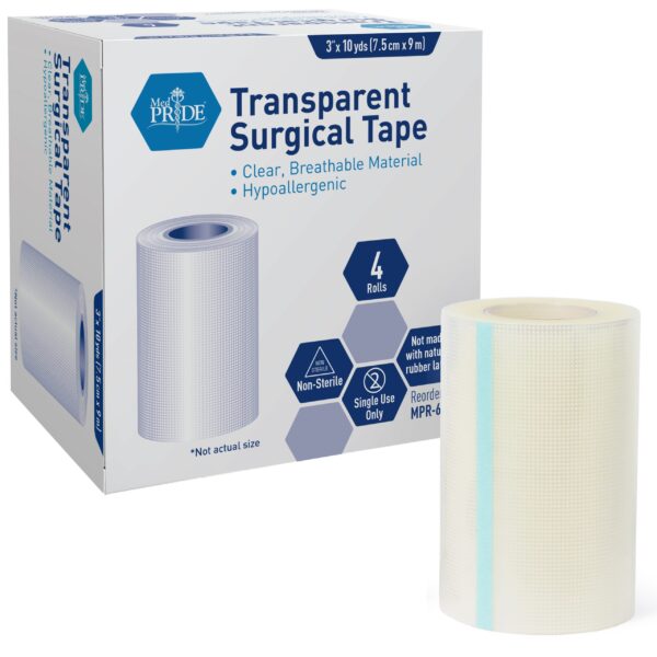 Box of transparent surgical tape with a roll beside it.