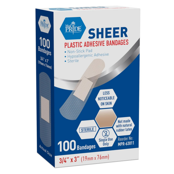 Box of Sheer plastic adhesive bandages with 100 pieces.
