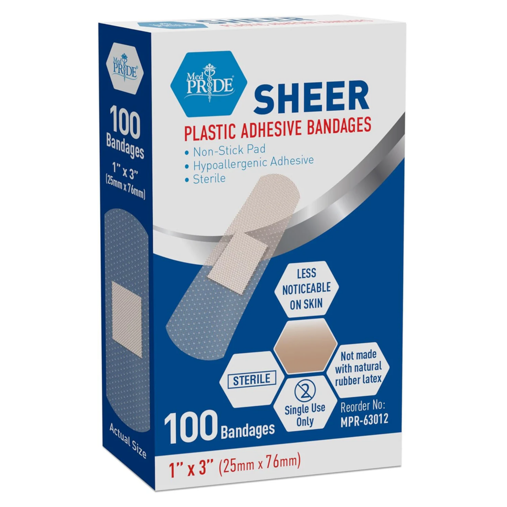 Box of 100 plastic adhesive bandages, 1" x 3" in size.
