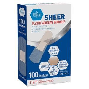 Box of 100 plastic adhesive bandages, 1" x 3" in size.