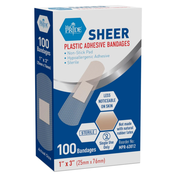 Box of 100 plastic adhesive bandages, 1" x 3" in size.