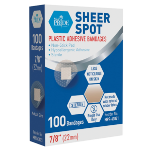 Box of Sheer Spot adhesive plastic bandages with 100 pieces.