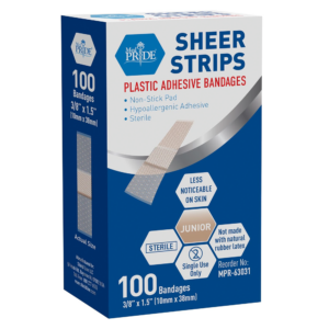 Box of plastic adhesive bandages with 100 sheer strips.