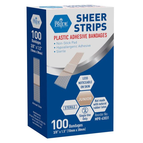 Box of plastic adhesive bandages with 100 sheer strips.