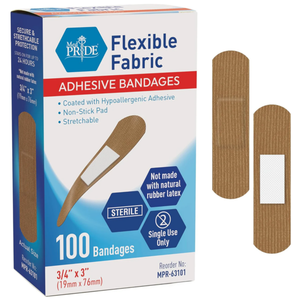 Box of 100 flexible fabric adhesive bandages with two bandages displayed.