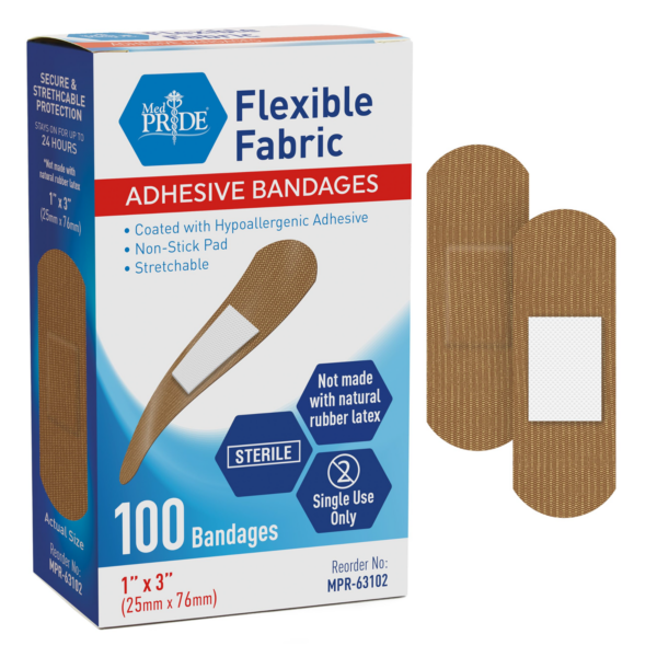 Box of 100 flexible fabric adhesive bandages with two bandages displayed.