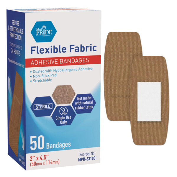 Box of 50 flexible fabric adhesive bandages with two bandages displayed.