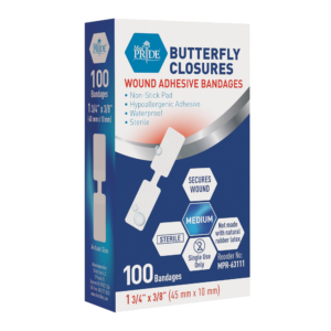 Box of Butterfly Closures wound adhesive bandages with 100 pieces.
