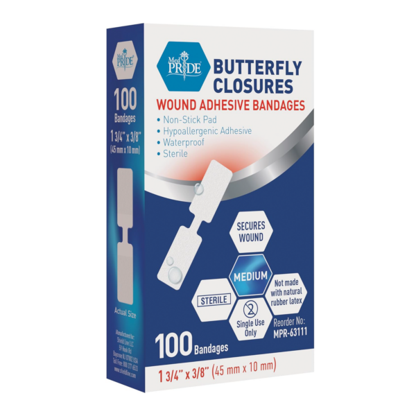 Box of Butterfly Closures wound adhesive bandages with 100 pieces.