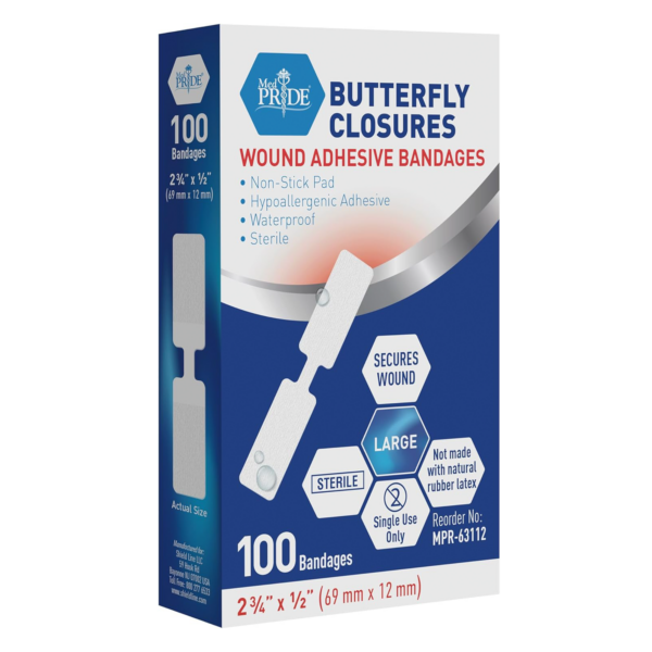 Box of 100 Nexcare Butterfly Closure wound adhesive bandages.