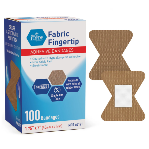 Box of fabric fingertip adhesive bandages with 100 bandages inside.