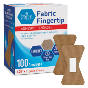 Box of Fabric Fingertip adhesive bandages with 100 pieces.