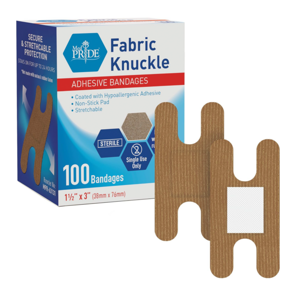 Box of Fabric Knuckle adhesive bandages with a knuckle design.