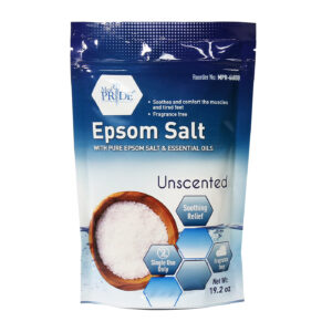 Package of unscented Epsom Salt for bath and body care.