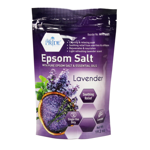 Lavender-scented Epsom salt in purple packaging for muscle relief and relaxation.