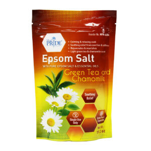 Epsom Salt with ginger tea and chamomile in a vibrant orange package.