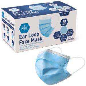 Blue disposable ear loop face mask with box packaging.